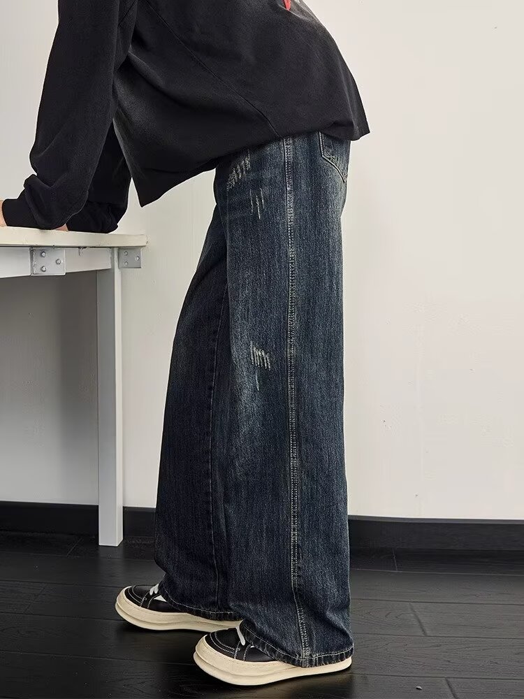 Men's Washed Vintage High Street Jeans Distressed Denim Loose Straight-Leg Fit Streetwear Style Blue S-3XL_mkmklike.com