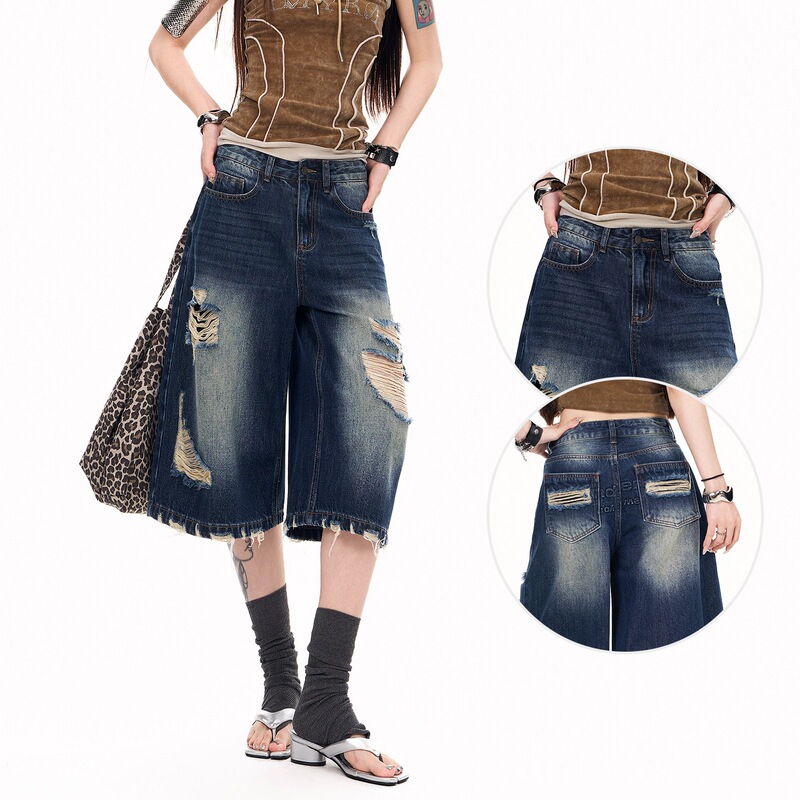 Raw Edge Fringed Ripped Wide-Leg Denim Shorts for Women, New Summer Style, High-Waisted, Slimming, American Retro Straight Pants
