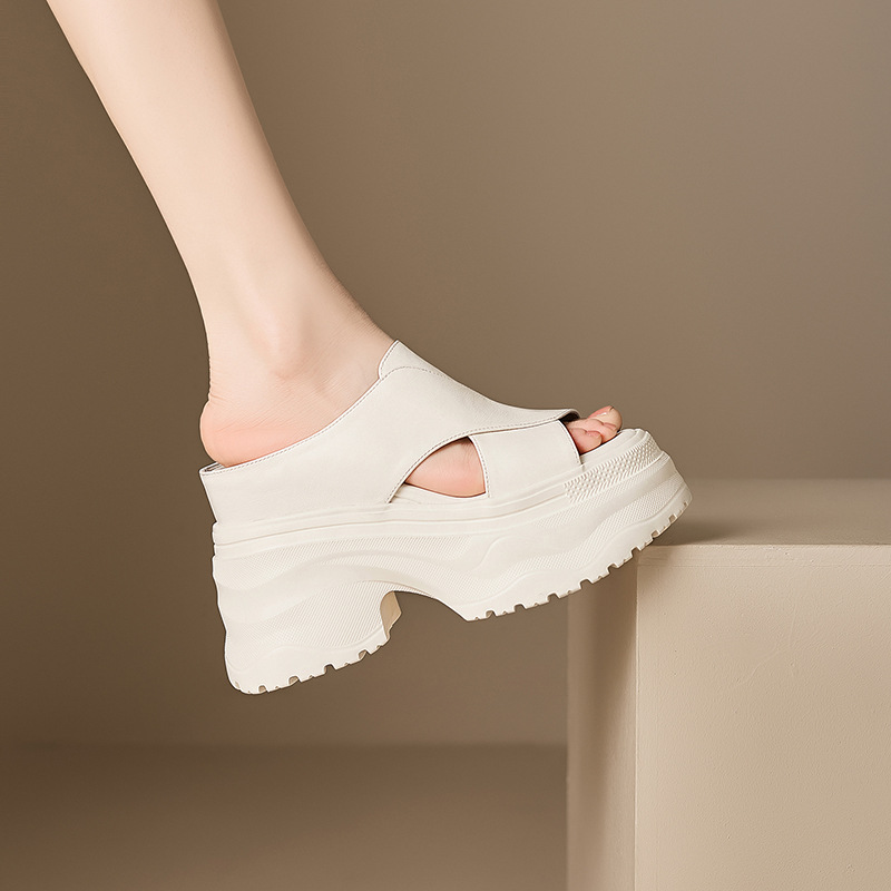 Dép sandal nữ quai ngang đế dày da thật tăng chiều cao — màu đen, màu trắng ngà, bạc