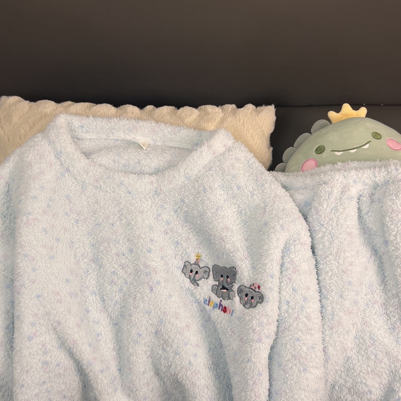 高颜值睡衣女秋冬韩版甜美小象休闲保暖半边绒家居服加绒加厚套装|undefined