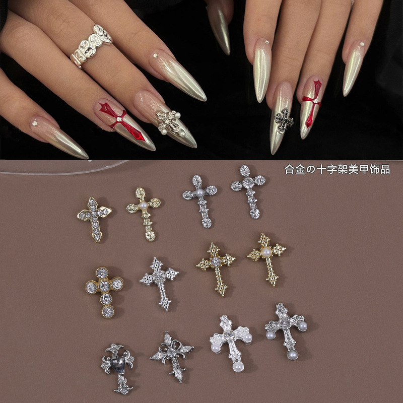 Cross-Border New Product Cross Nail Art Alloy Jewelry Retro Punk Style Three-Dimensional Diamond Cross Nail Diamond Wholesale