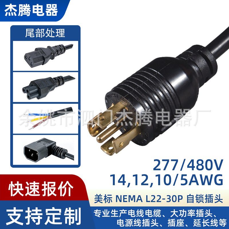 美标插头NEMA L22-30P工业插头线5芯锁扣式30A 480V 三相电源用线