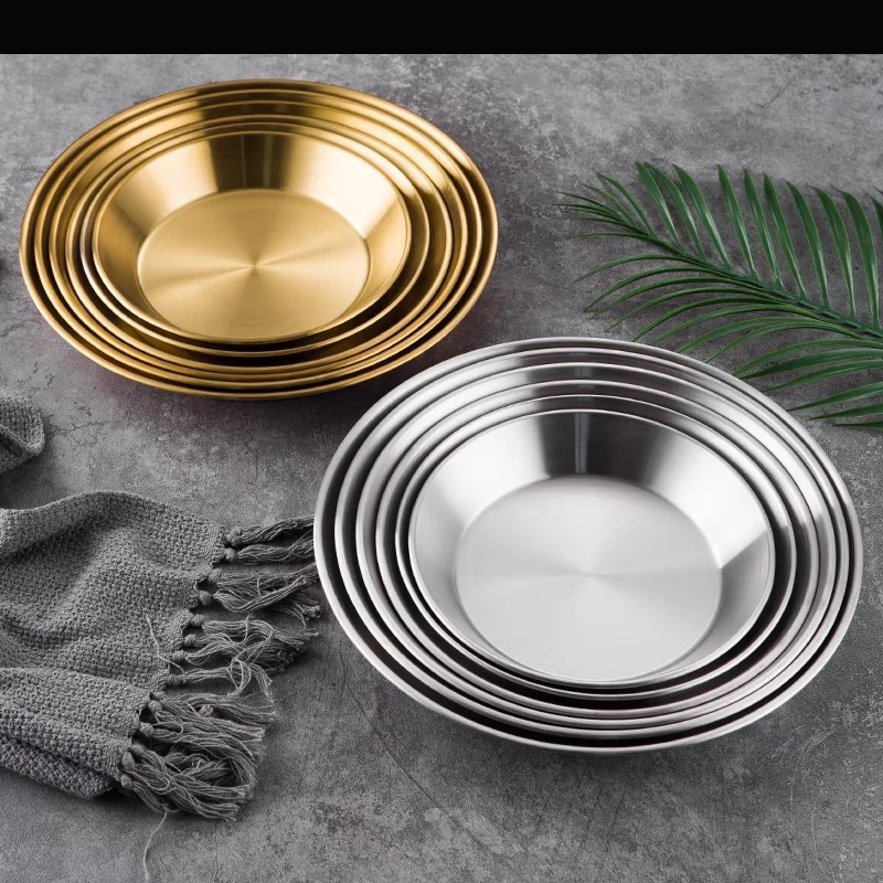 跨境加厚韩式烤盘金色圆形菜盘餐厅平底糕点自助餐托盘披萨盘