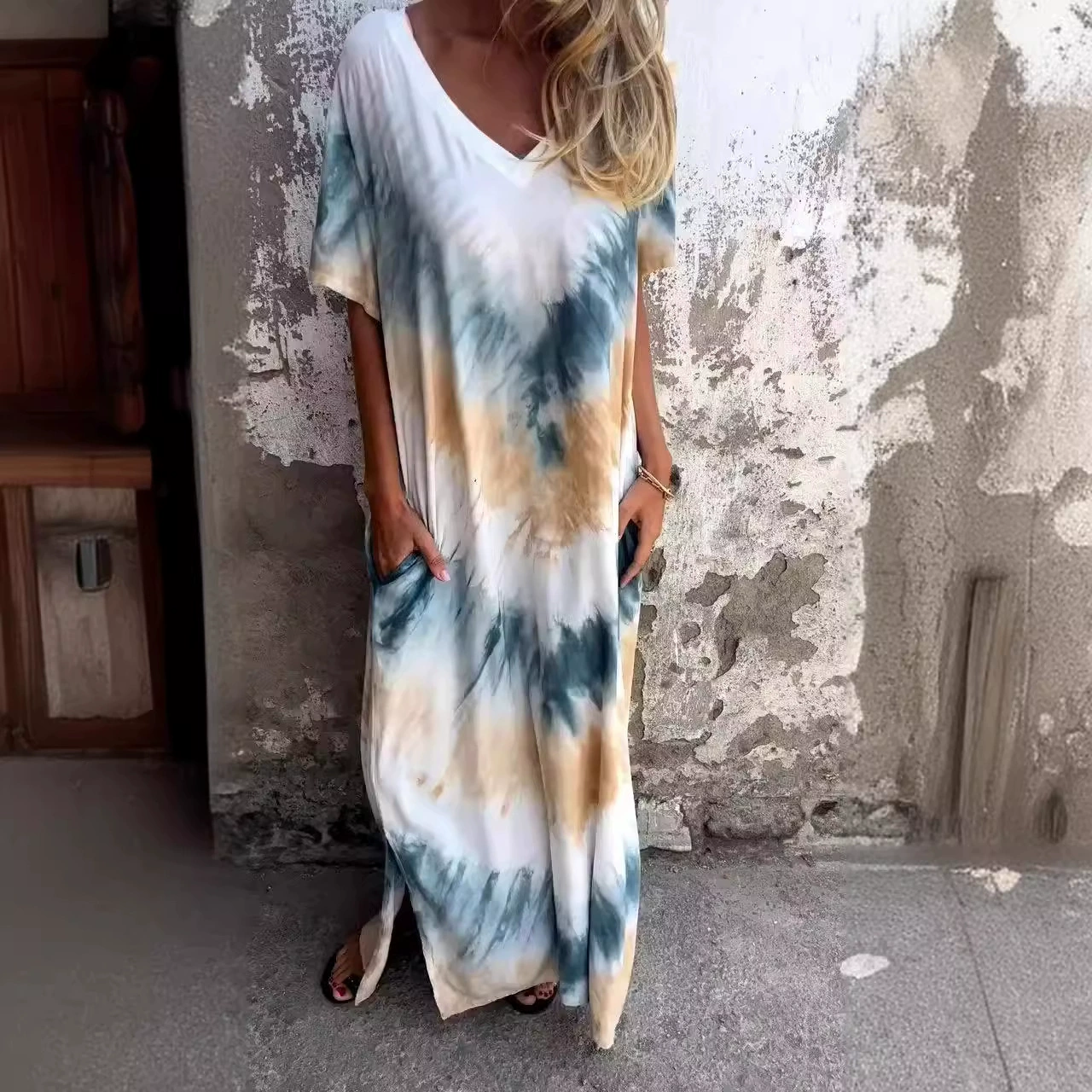 Трансграничные 2024 летние новые европейские и американские женские повседневные свободные короткие рукава с V-образным вырезом