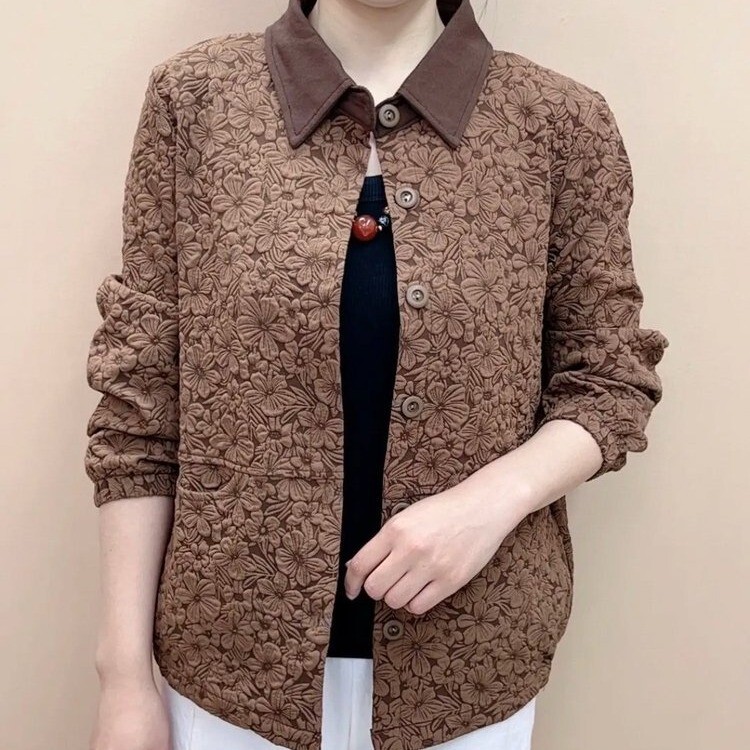 气质翻领显瘦妈妈装春秋夹克提花女装外套时尚中老年宽松洋气上衣|undefined