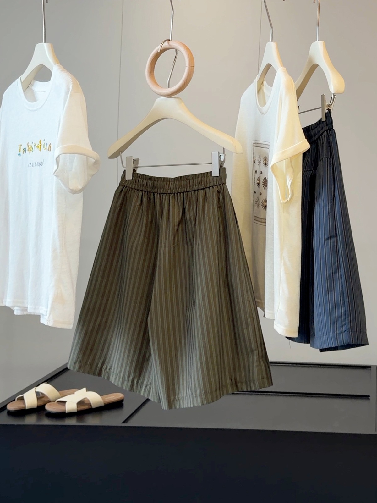 Retro Women's Drawstring Striped Casual Pants Slimming Flattering Loose Fit Wide Leg Shorts Five Point Skirt Style Summer_ecoleips.com