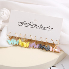 跨境圆圈耳圈创意复古珍珠圆环耳环套装5件套亚克力蝴蝶吊坠耳环