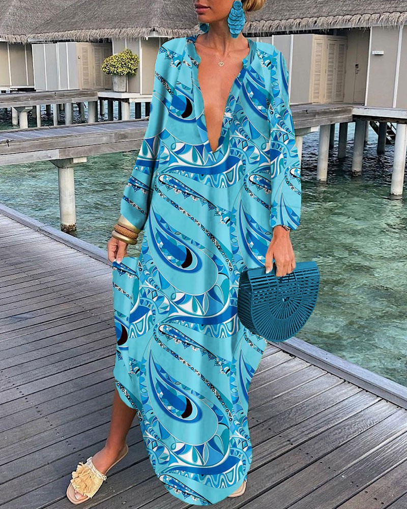 Women's Irregular Skirt Tropical V Neck Printing Contrast Binding Long Sleeve Color Block Maxi Long Dress Daily display picture 3