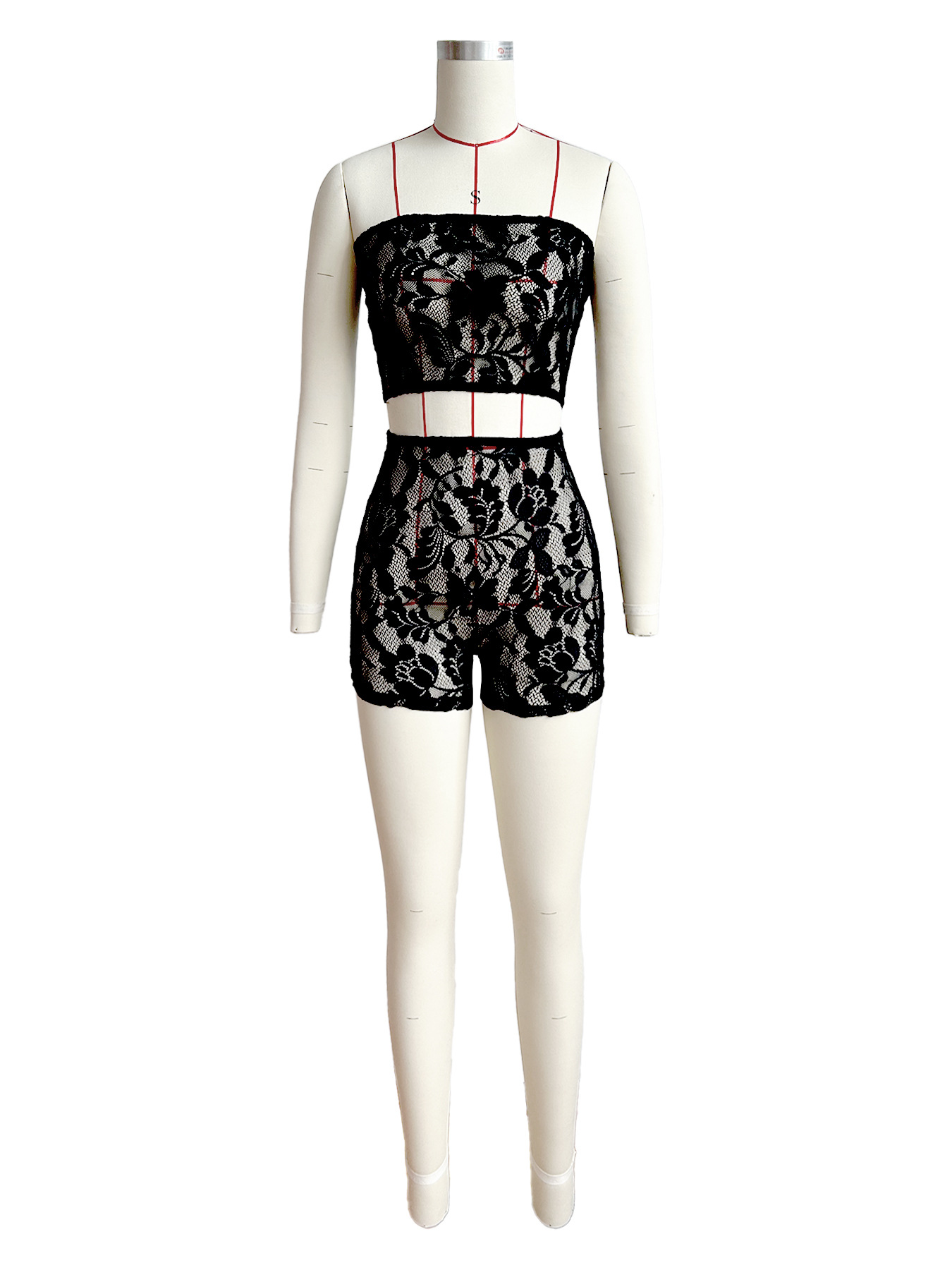 Women Clothing Sexy Semi Transparent Lace Tube Top Shorts Two Piece Set