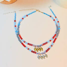 法式民族风红玛瑙彩色石头串珠小鱼国风百搭时尚感氛围感轻奢锁骨