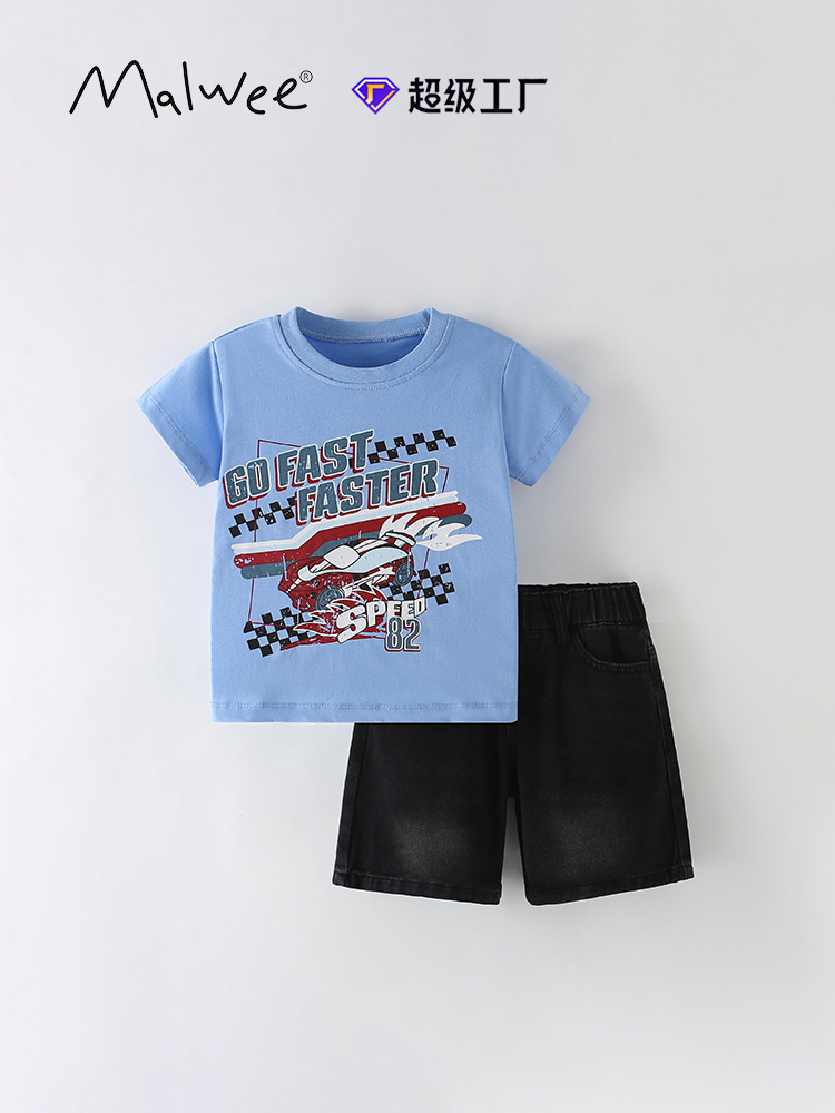 Traje de niño malwee transfronterizo verano nuevo estilo europeo y americano para niños pequeños y medianos camiseta de manga corta con cuello redondo jeans para niños