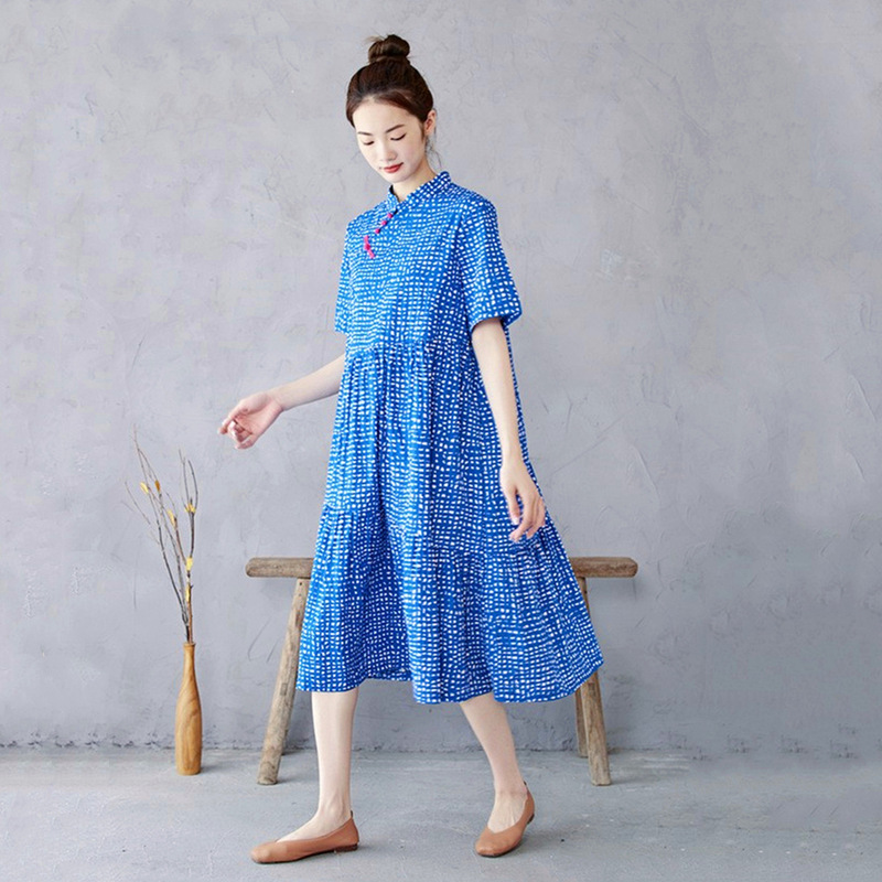 Lining Fu Bao Blue Cheongsam Chinese Style Stand Collar dress Large Swing Dress Brand Spring and Summer High Waist Short Sleeve Cotton Dress