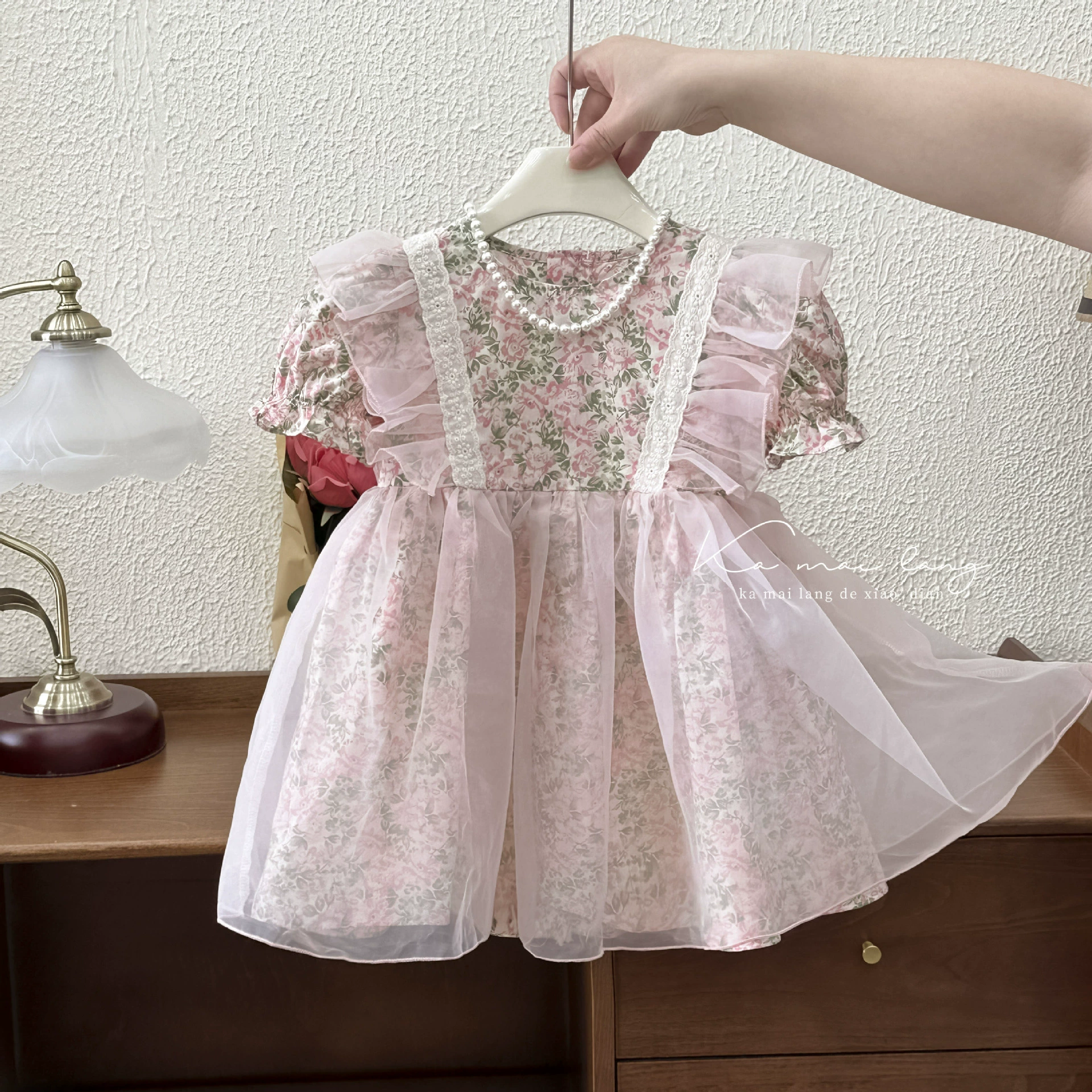 Маленький princess костюм, детское платье, (Физические данные), цветочный принт, корейский стиль, puff рукава, западный стиль