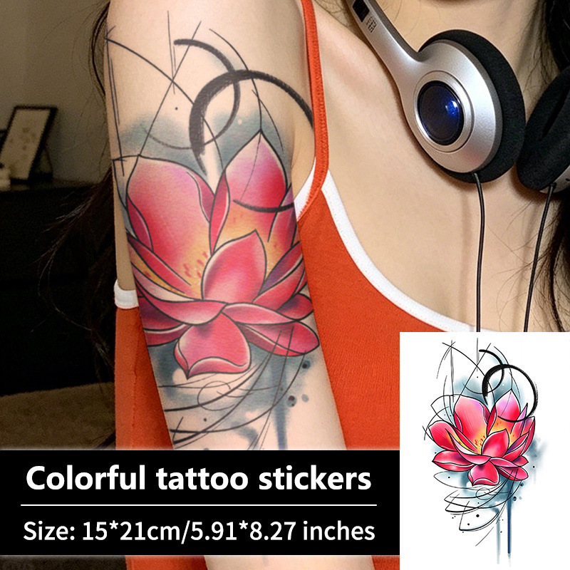 Abstract line red lotus tattoo sticker, colorful lotus sticker for upper arm and forearm, waterproof temporary tattoo sticker