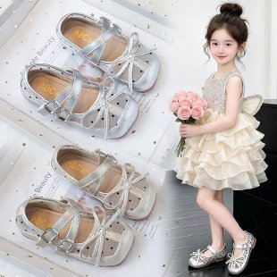 Niñas Zapatos de malla de punto de onda 2026 verano nuevos zapatos de ballet para niños zapatos de princesa arco zapatos de cuero