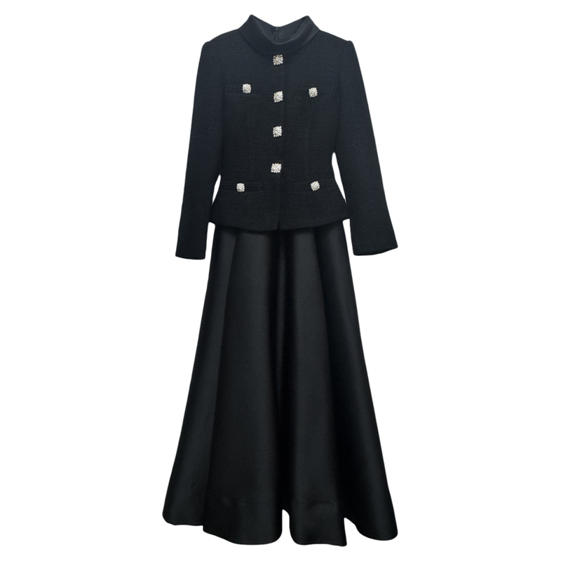 2025 Autumn Winter New Women's Black Tweed Patchwork Elegant Long Sleeve Small Stand Collar Dress Evening Gown_ecoleips.com