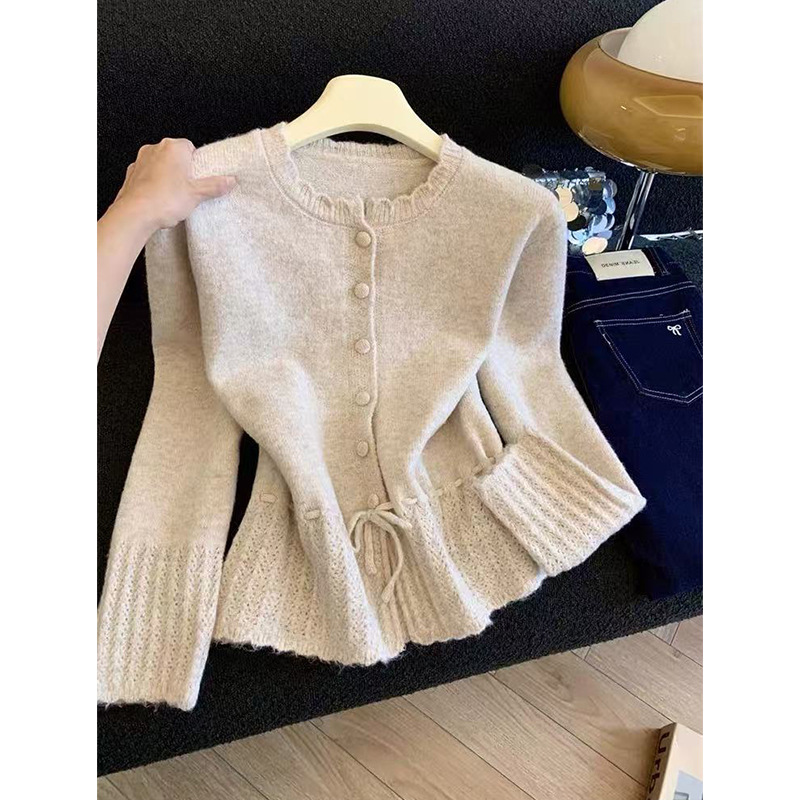 Real Price # Sheep Velvet # Gentle Style Drawstring Ruffle Sweater Women's Autumn and Winter Waist Slimming Sweater Cardigan Top