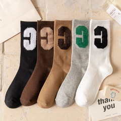Socks for Women - Autumn/Winter Large Letter C Trend Medium Calf Korean Style Women's High-Calf Elastic Non-Slip Feather Cotton Socks