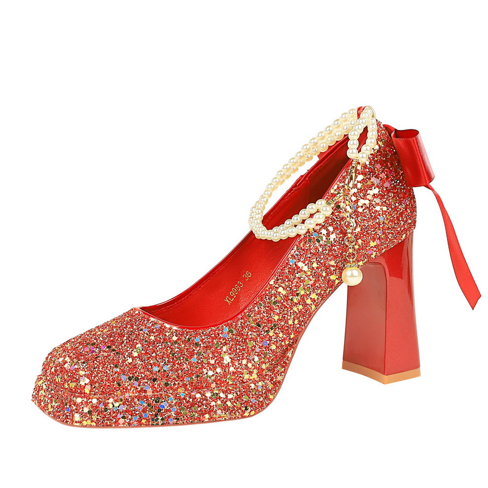 9983-H79TP Korean Style Sequin Pearl Strap Women's Square Toe Shallow Mouth Chunky Super High Heel Waterproof Platform_vogvips.com