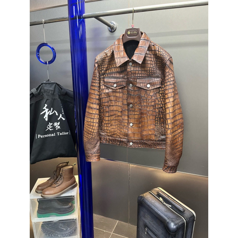 Men's suit-style crocodile leather jacket, hand-finished, motorcycle-style, genuine leather, short and loose fit, trendy Men's suit-style crocodile leather jacket, hand-finished, motorcycle-style, genuine leather, short and loose fit, trendy
