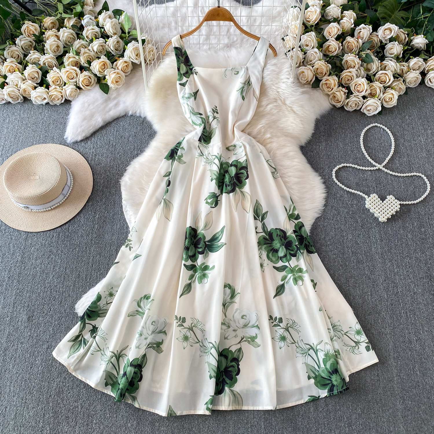 Romantic Floral Print Square Neck Dress European American Style Summer Suspender High Waist Cinching Slimming Full Skirt Women's Clothing_ecoleips.com