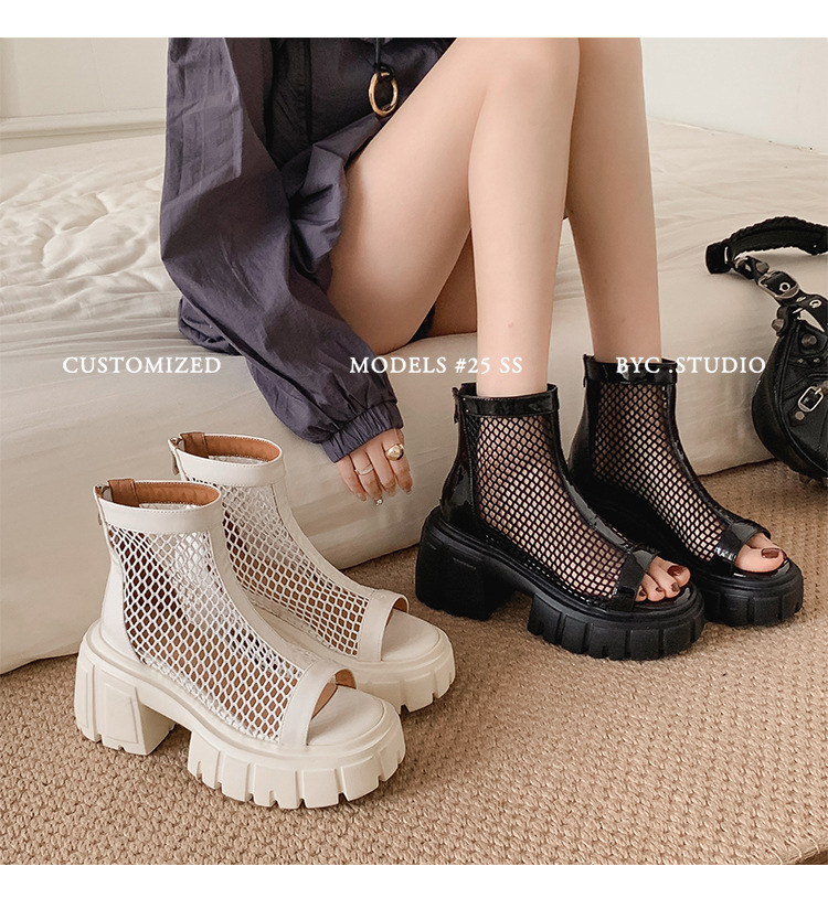 Giày sandal cao gót nữ mũi cá hở ngón, cổ cao lưới mỏng, gót vuông dày 9 cm, khóa kéo sau, đế xuồng thoáng khí — đen, trắng chi tiết 23