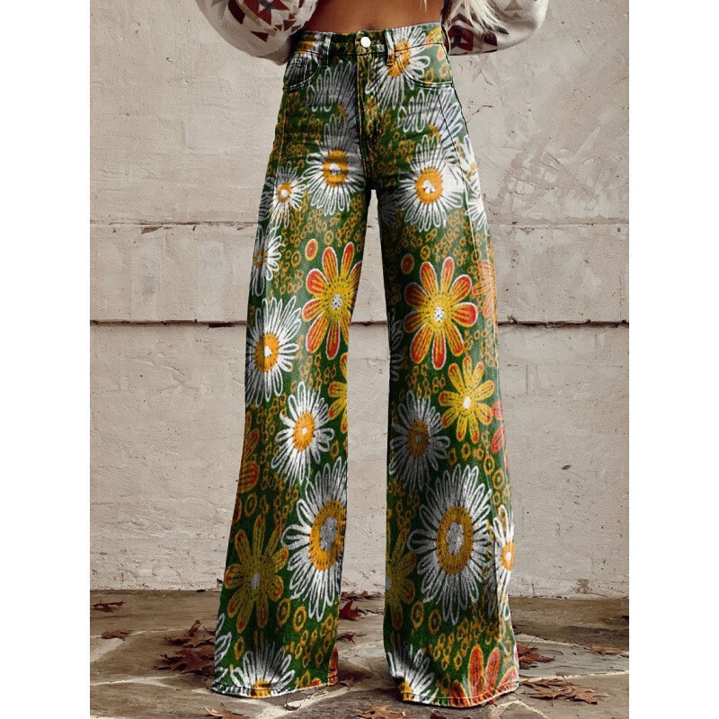 European and American 3D Printed Pattern Heart Anime Elements Gradient Color-Blocking Women's Wide-Leg Flared Jeans Warm and Loose-Fitting