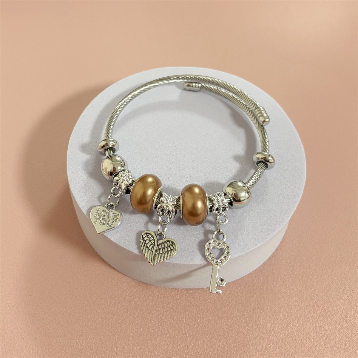 Pandora Style Charm Bracelet With Wing Heart And Key Pendants_voghion.com