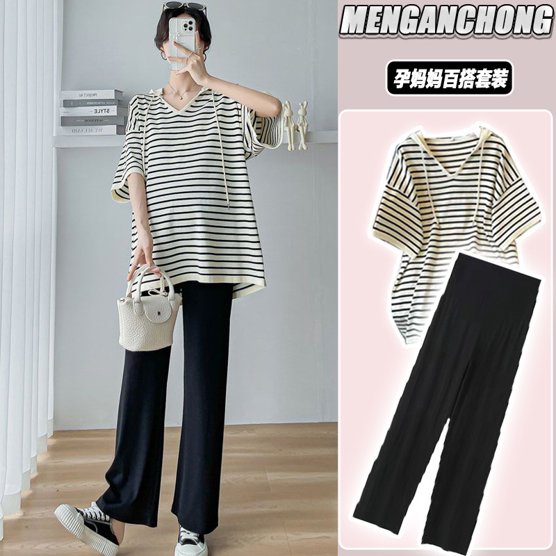 Pregnant Women's Dress Korean Style Summer plus size Striped Hooded Trendy Trendy Mummy Belly Covering Slim Shirt