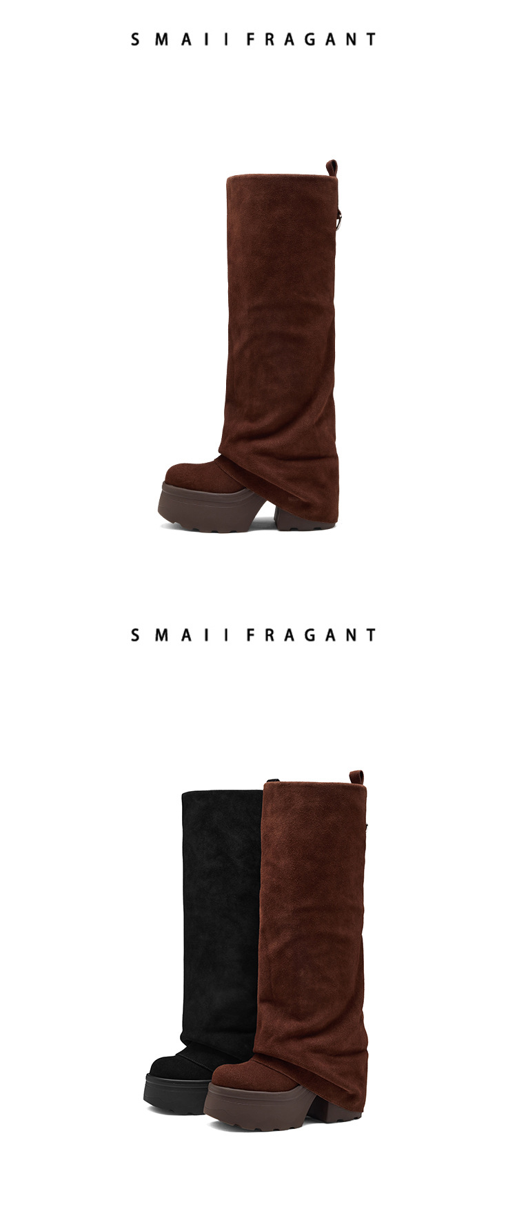 Boot nữ cổ cao ôm bắp chân đế dày gót 12 cm, kiểu hiệp sĩ, hai mặc mùa thu đông — nhung nâu chi tiết 9