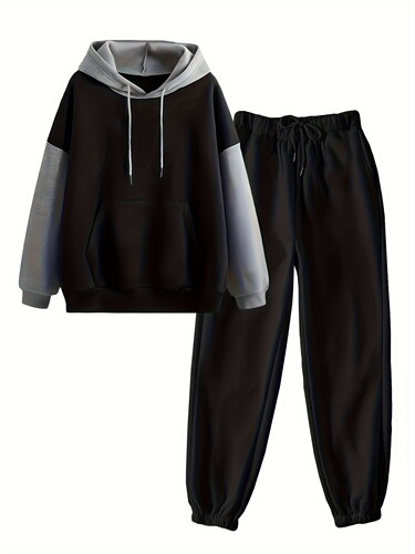 Amazon Women's 2024 Autumn/Winter New Color Block Hooded Sweatshirt Set with Kangaroo Pocket, European and American Cross-Border Foreign Trade Style
