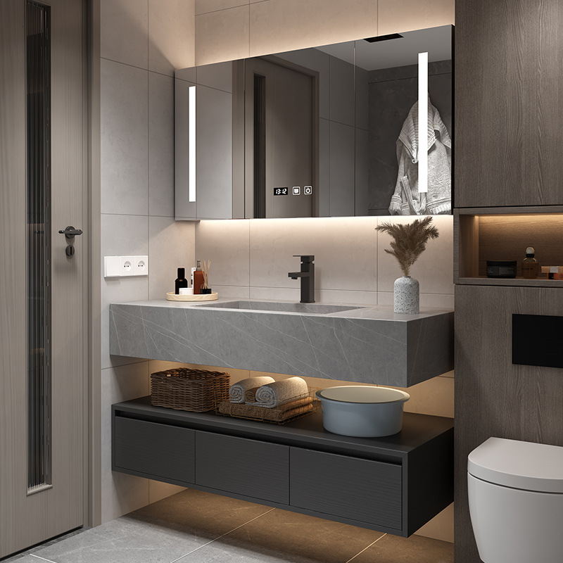 Rock placa integrada cuenca moderna minimalista baño gabinete combinación inteligente espejo gabinete lavabo baño lavabo combinación gabinete