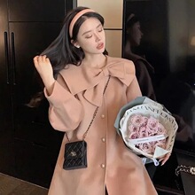 春季韩版甜美蝴蝶结大衣女法式赫本风小个子短款宽松显瘦毛呢外套
