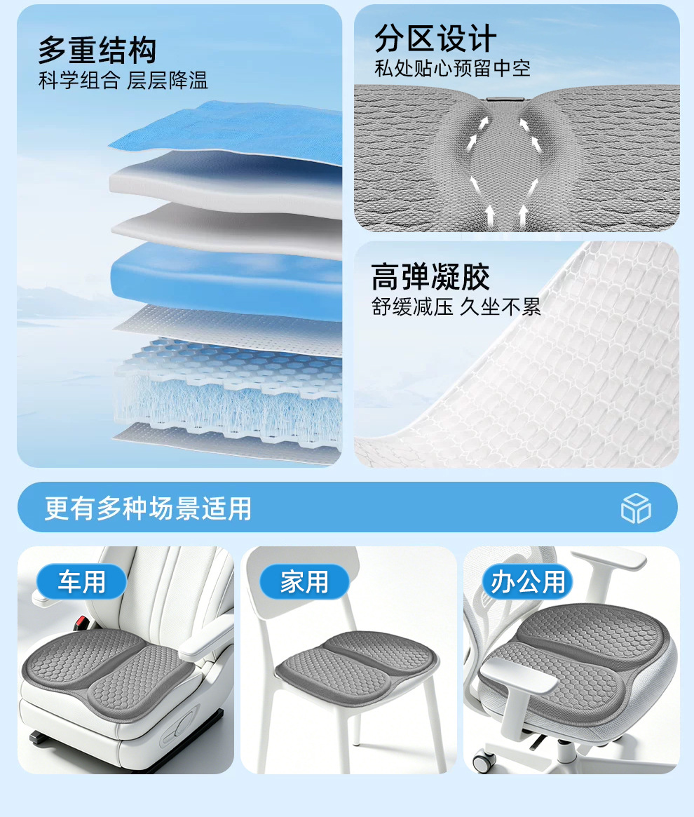 Cross-Border New Model Thickened and Widened Car Seat Cushion with Two-Piece Honeycomb Gel, Summer Cooling Cushion, Office Hemorrhoid Cushion