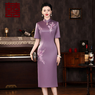 2025 Spring/Summer Acetate Stretch Satin Embroidered Floral Cheongsam Slim Fit Daily Dress Gown Mother's Wear