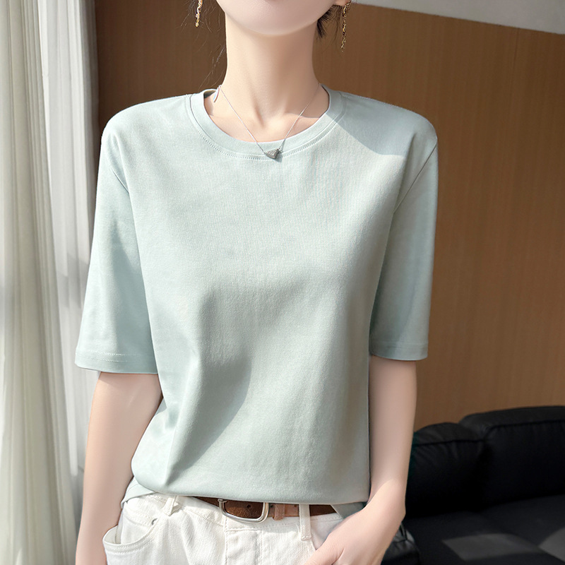 High-End Quality Cool Cotton T-Shirt for Women, Half-Sleeve, Round Neck, Loose Fit, Regular Shoulder, Summer All-Cotton Simple Base Top