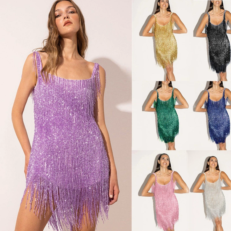2024 весенний новый сексуальный без спинки блестящее платье с бахроми