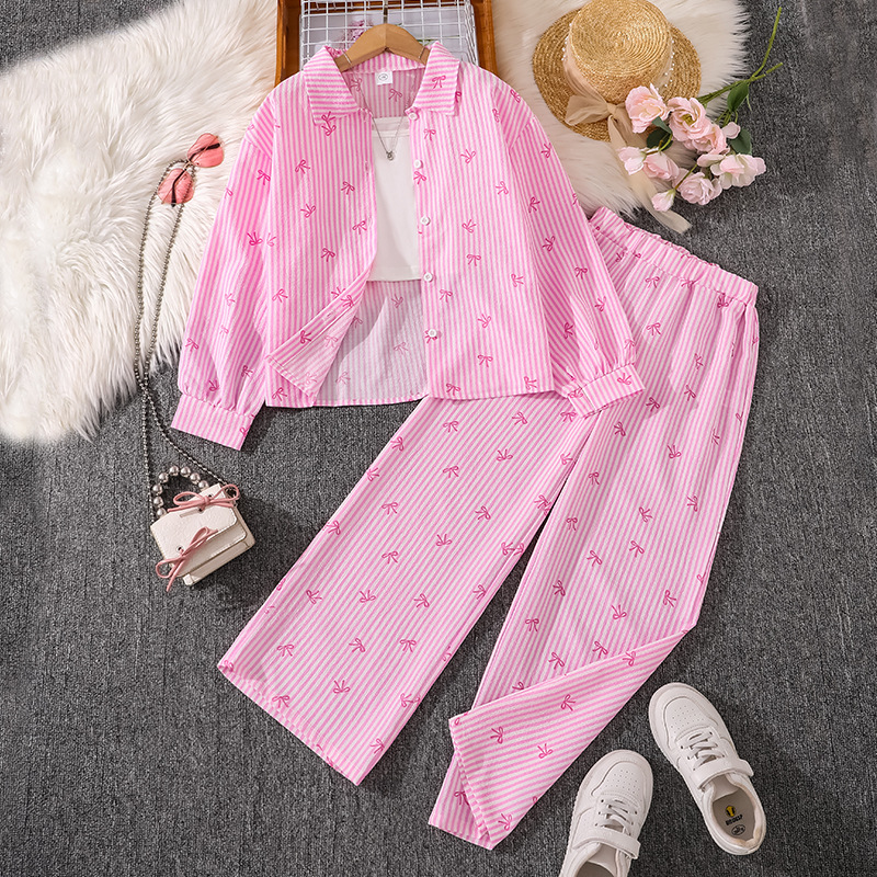 Amazon Ropa para niños europeos y americanos 25 primavera nuevo estilo para niños solapa camisa de manga larga pantalones superior traje transfronterizo para niñas