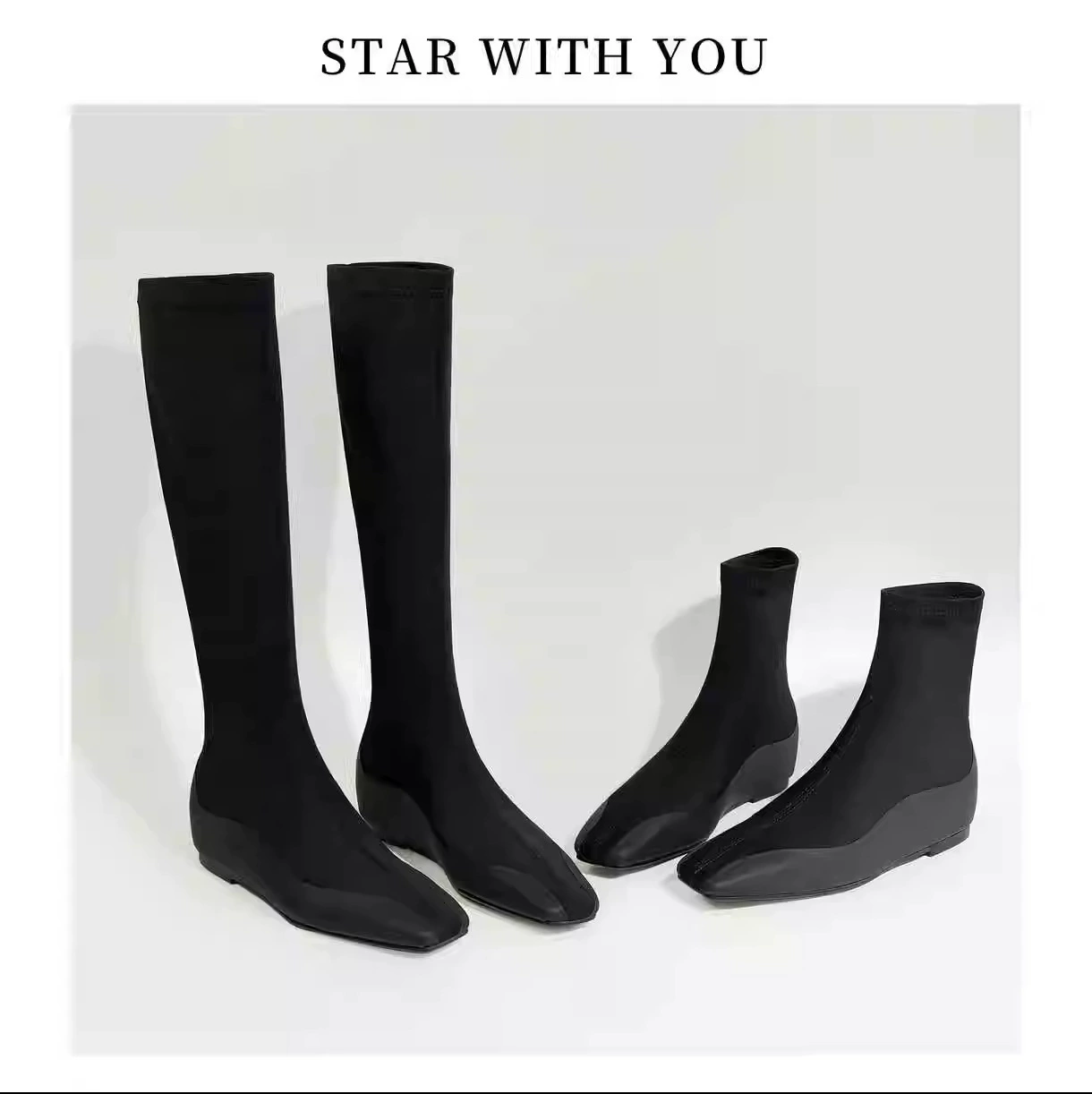 2024 Осень и зима новые тонкие сапоги для повышения эластики в сапогах женские длинные ноги прямые маленькие квадратные сапоги и сапоги