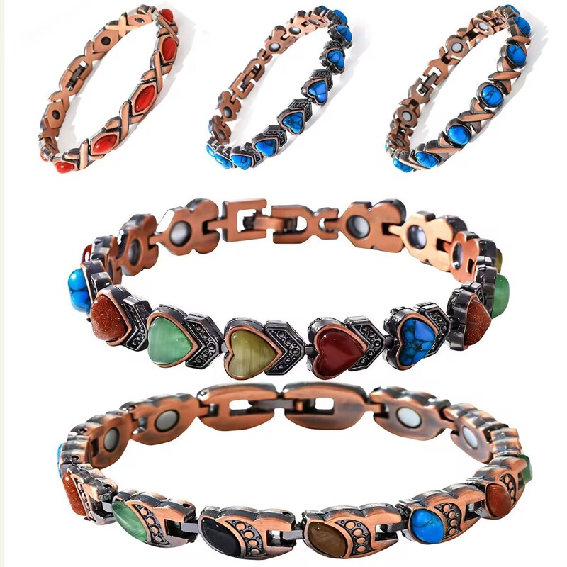 European and American Cross-Border Fashion Retro Blue Turquoise Magnet Bracelet Ancient Red Copper Brushed Creative Zinc Alloy Couple Bracelets