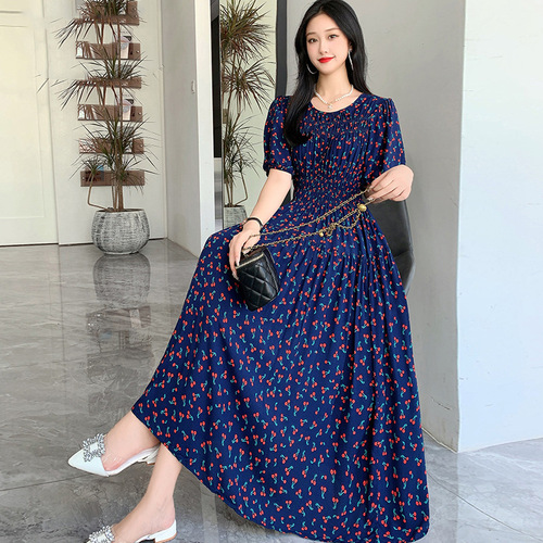 Cotton-linen chiffon French retro style summer short-sleeve floral maxi dress Bohemian pastoral style beach dress