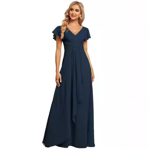 Cross-Border New Butterfly Sleeve Chiffon Bridesmaid Dress with Slit, V-Neck, High Waist, A-Line Long Backless Design