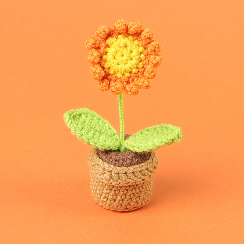 完成品クロスボーダー手作りウールかぎ針編み忘れなしひまわり模擬花鉢植えクリエイティブデスクトップ装飾品車の装飾造花|undefined