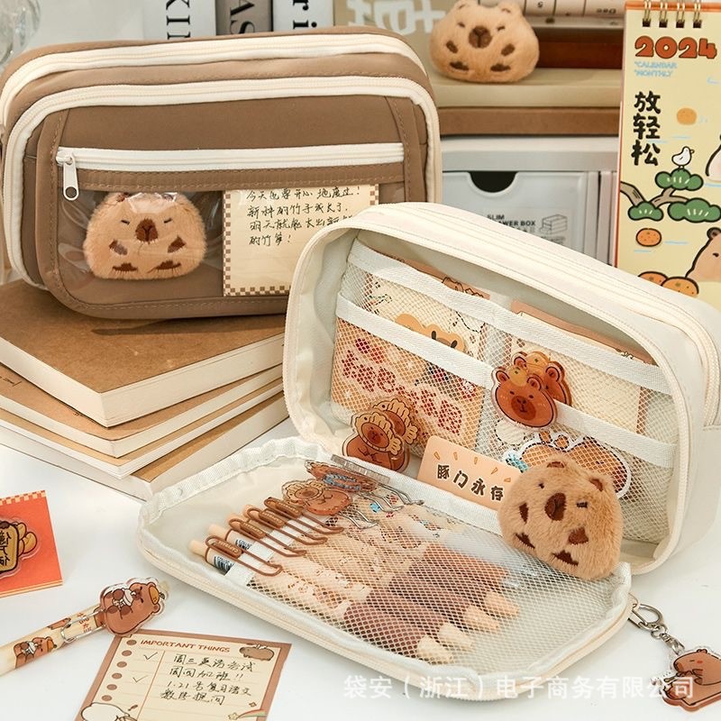 Estuche de lápices Capibara, nueve compartimentos, café Maillard, multifuncional