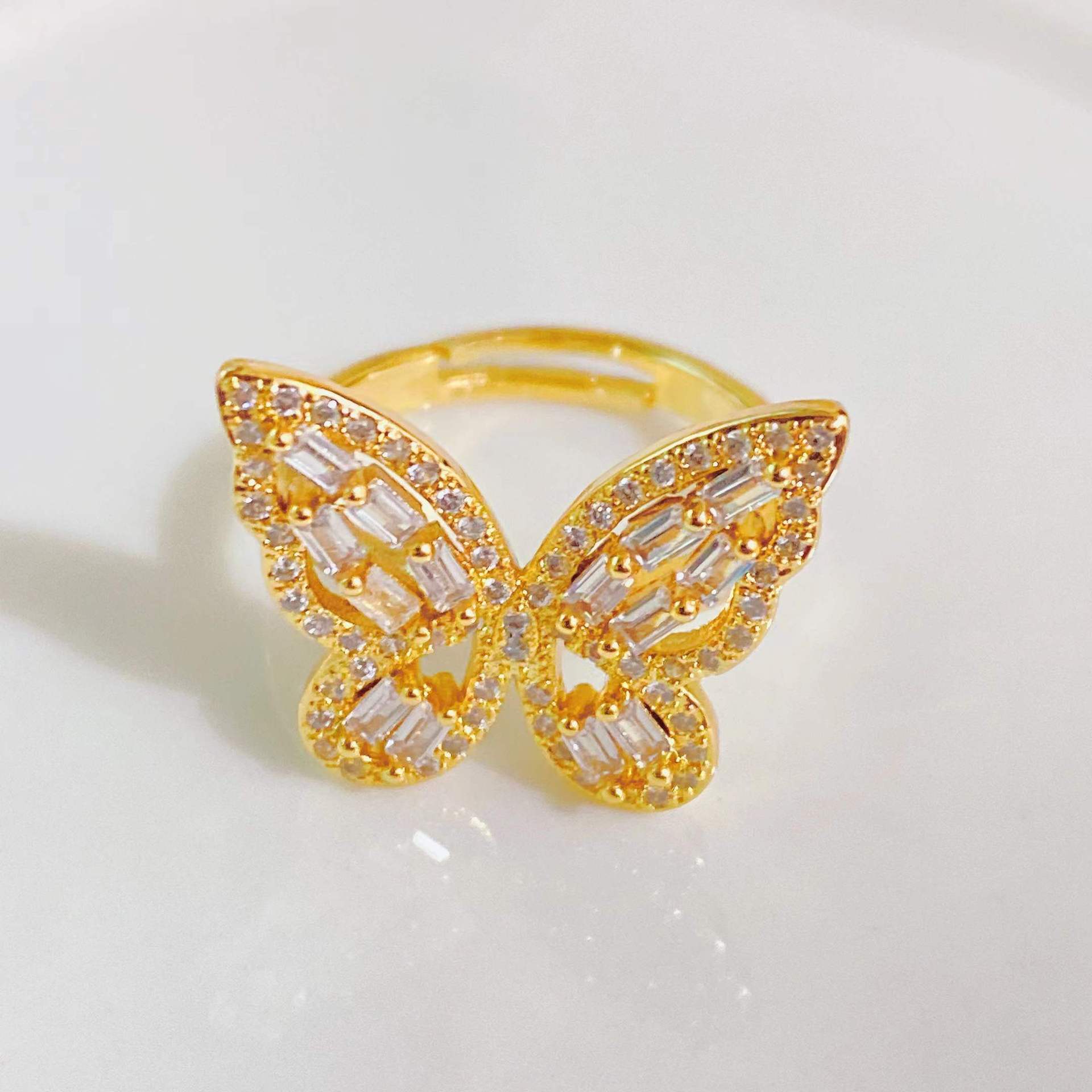 European and American fashion trend ring 18k gold plated zircon butterfly open female ring