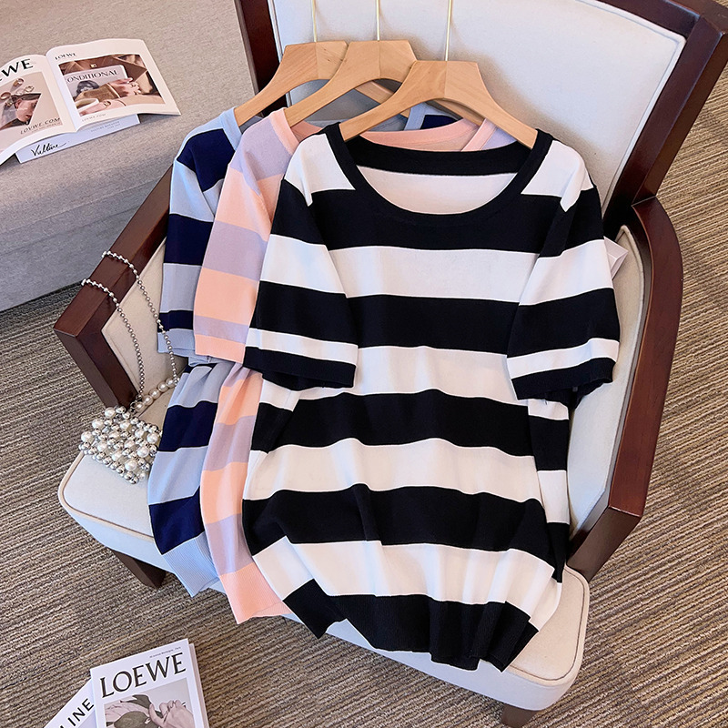 Plus-Size Women's Summer Clothing, Ice Silk Knitted Top, Slimming for Chubby Girls, 200/ 150kg Short-Sleeved T-Shirt 8161