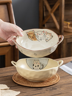 Underglaze Double-Eared Soup Bowl Household 2024 New Handle Soup Basin Japanese Ramen Bowl Snail Noodle Tableware Large Bowl