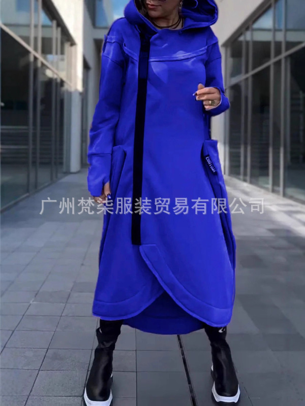 2025秋冬欧美跨境亚马逊百搭纯色长袖卫衣连帽拉链休闲长款连衣裙|undefined