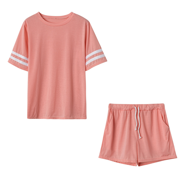 Striped print short shoulder tee & shorts set NSYF48952