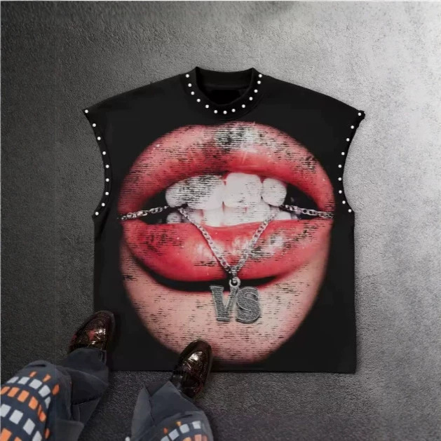 European and American Personalized Design Letter Print Sleeveless Beach Vest Y2K Hip-Hop Classic Gothic Style T-Shirt Top